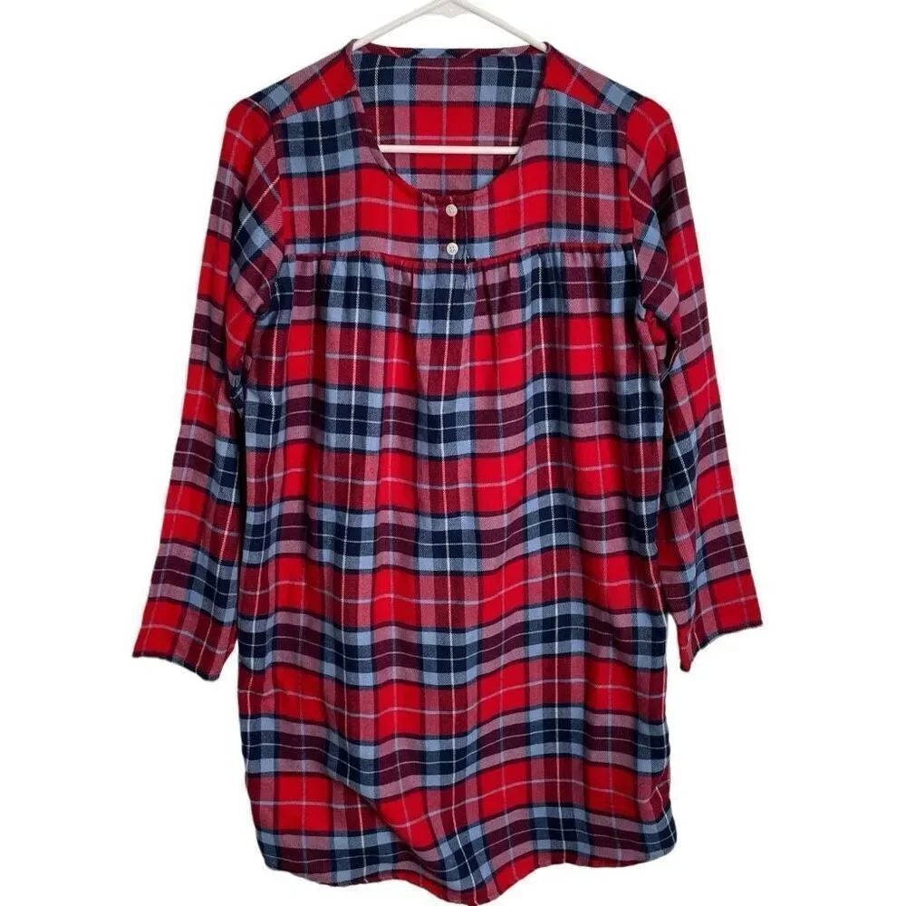 Lands’ End Girls Flannel Nightgown 16 Navy Red Plaid Flame Resistant